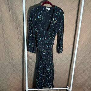 Ganni Black Floral Wrap Midi Dress with Green & Blue Accents